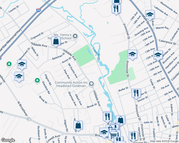 map of restaurants, bars, coffee shops, grocery stores, and more near 12 Greenhill Farm Road in Haverhill
