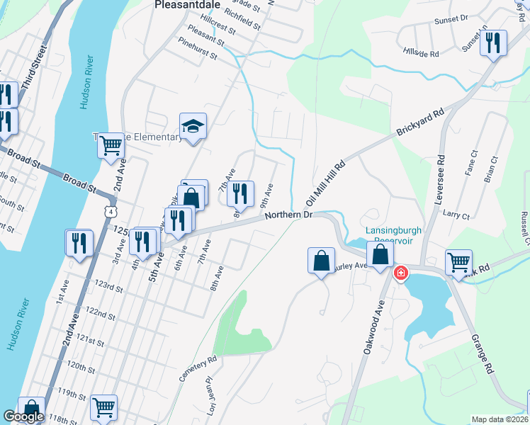 map of restaurants, bars, coffee shops, grocery stores, and more near 43 Northern Drive in Troy