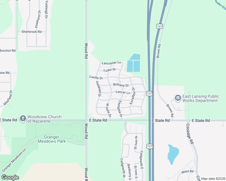 map of restaurants, bars, coffee shops, grocery stores, and more near 200-298 Brittany Drive in Lansing