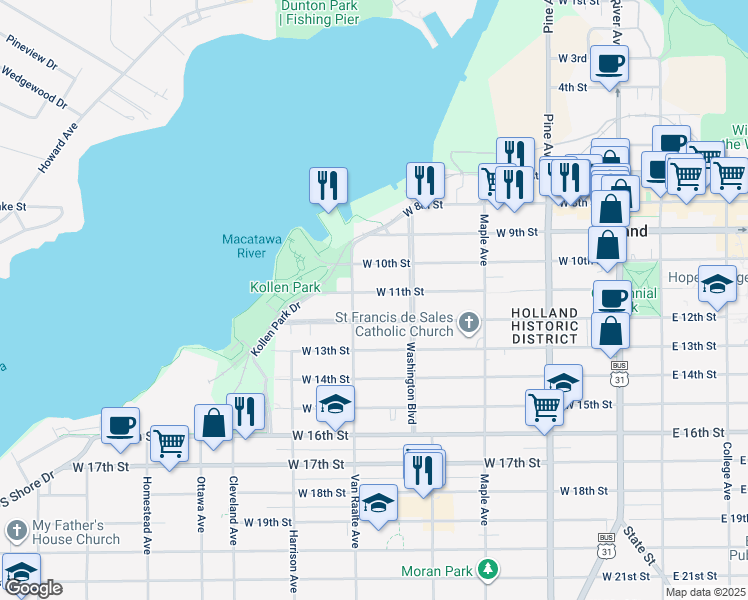 map of restaurants, bars, coffee shops, grocery stores, and more near 265 West 11th Street in Holland