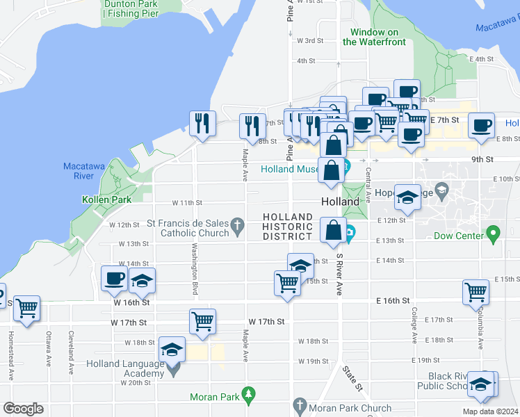 map of restaurants, bars, coffee shops, grocery stores, and more near 156 West 11th Street in Holland