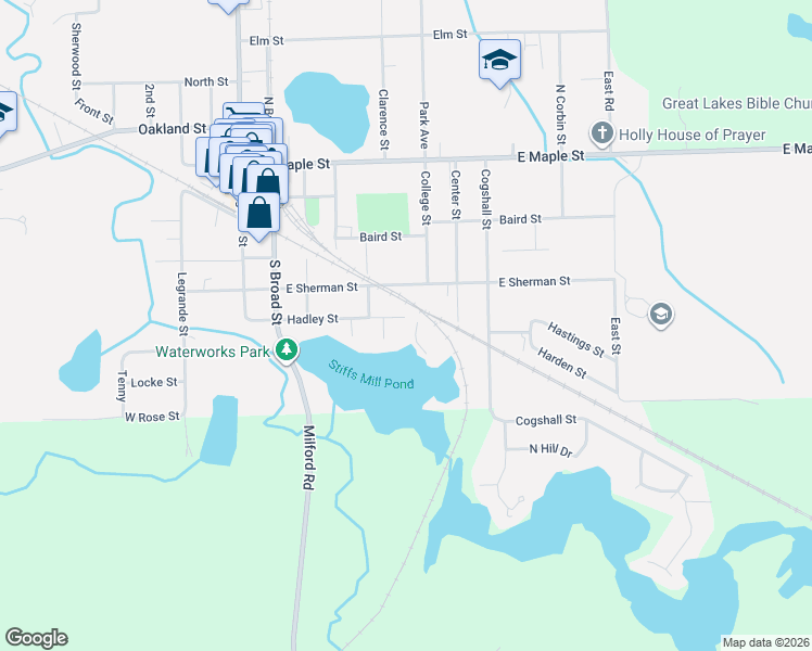 map of restaurants, bars, coffee shops, grocery stores, and more near 414 Hadley Street in Holly
