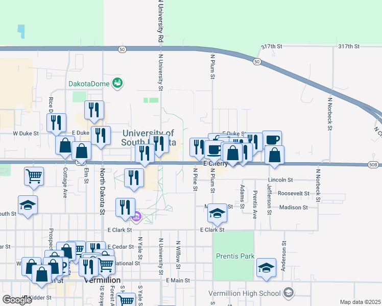 map of restaurants, bars, coffee shops, grocery stores, and more near in Vermillion