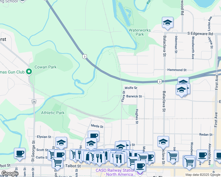 map of restaurants, bars, coffee shops, grocery stores, and more near 23 Hill Street in Saint Thomas