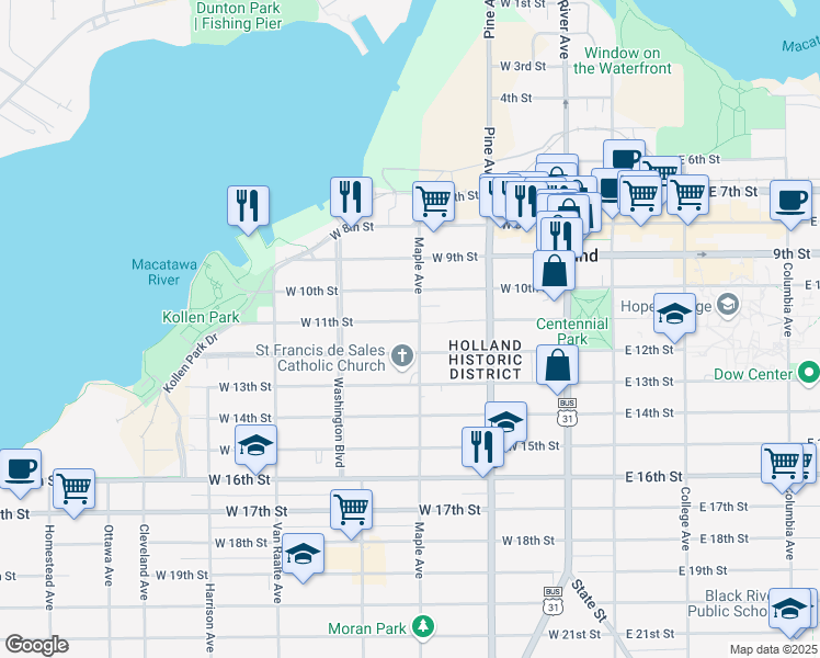 map of restaurants, bars, coffee shops, grocery stores, and more near 268 Maple Avenue in Holland