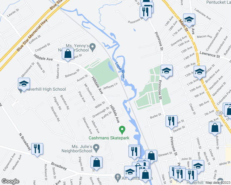 map of restaurants, bars, coffee shops, grocery stores, and more near 12 Greenhill Farm Road in Haverhill