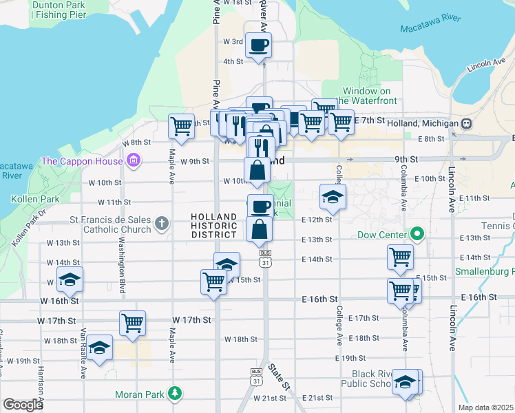 map of restaurants, bars, coffee shops, grocery stores, and more near 270 South River Avenue in Holland