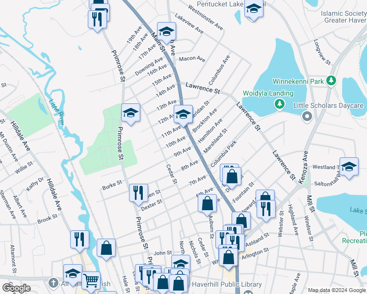 map of restaurants, bars, coffee shops, grocery stores, and more near 3 9th Avenue in Haverhill