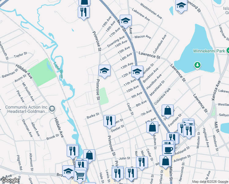 map of restaurants, bars, coffee shops, grocery stores, and more near 34 11th Avenue in Haverhill
