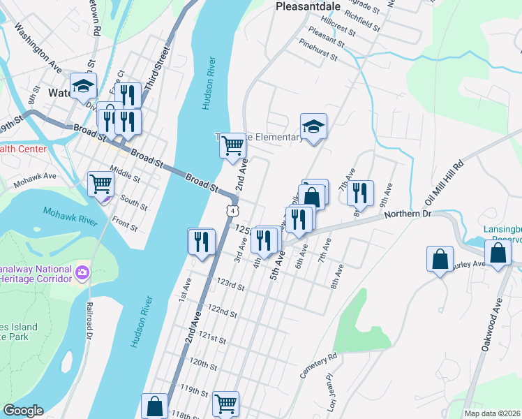 map of restaurants, bars, coffee shops, grocery stores, and more near 922 3rd Avenue in Troy