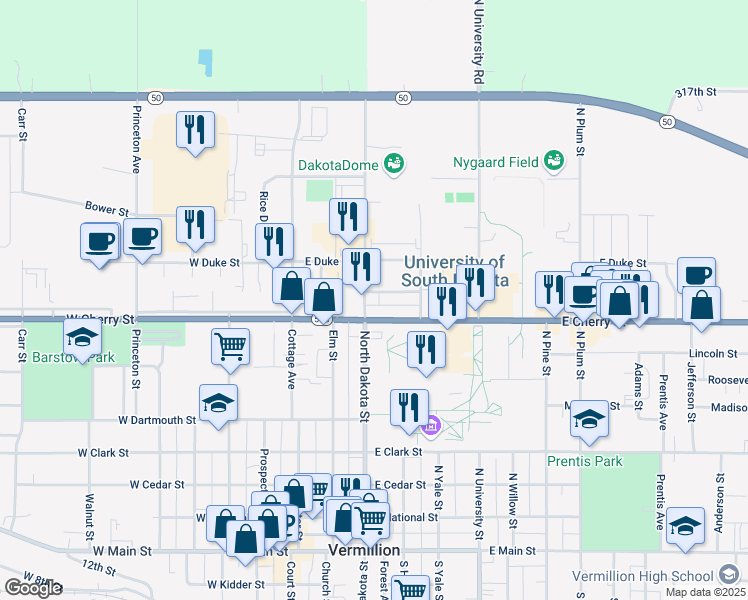 map of restaurants, bars, coffee shops, grocery stores, and more near 215 Spruce Street in Vermillion