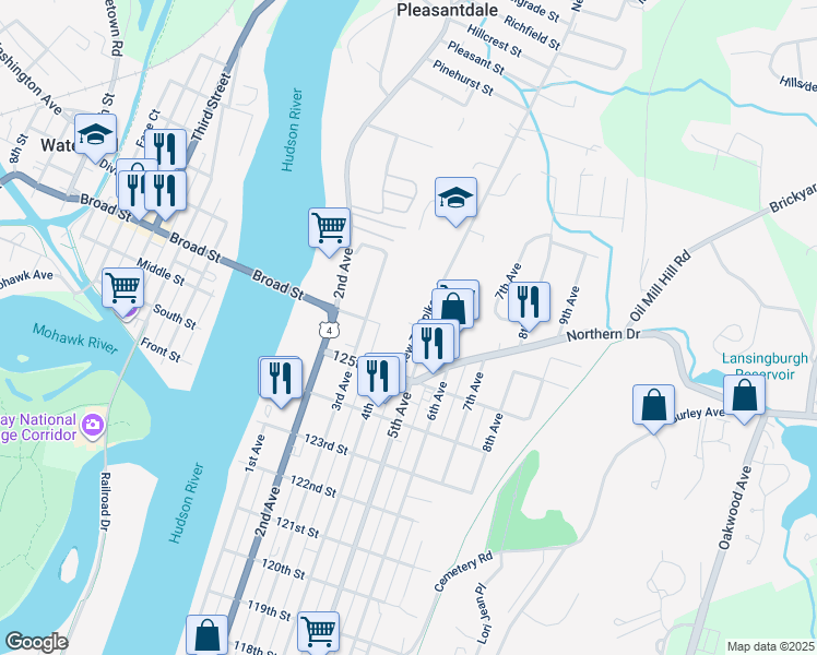 map of restaurants, bars, coffee shops, grocery stores, and more near 19 New Turnpike Road in Troy