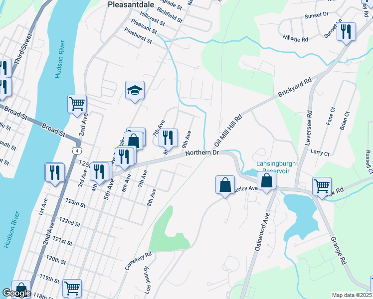 map of restaurants, bars, coffee shops, grocery stores, and more near 43 Northern Drive in Troy