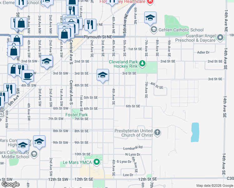 map of restaurants, bars, coffee shops, grocery stores, and more near 400-498 4th Ave SE in Le Mars