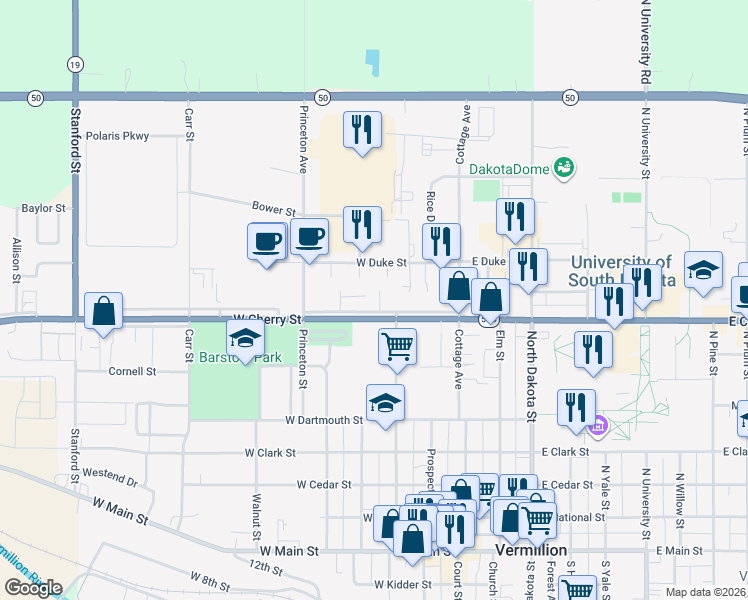 map of restaurants, bars, coffee shops, grocery stores, and more near 209 West Cherry Street in Vermillion