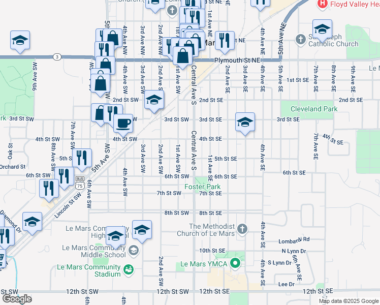 map of restaurants, bars, coffee shops, grocery stores, and more near 427 Central Avenue South in Le Mars