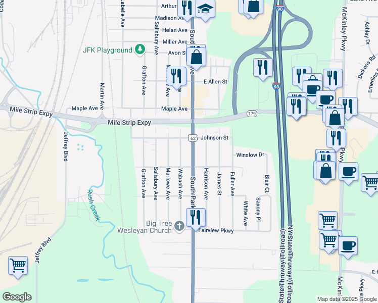 map of restaurants, bars, coffee shops, grocery stores, and more near 4032 South Park Avenue in Buffalo