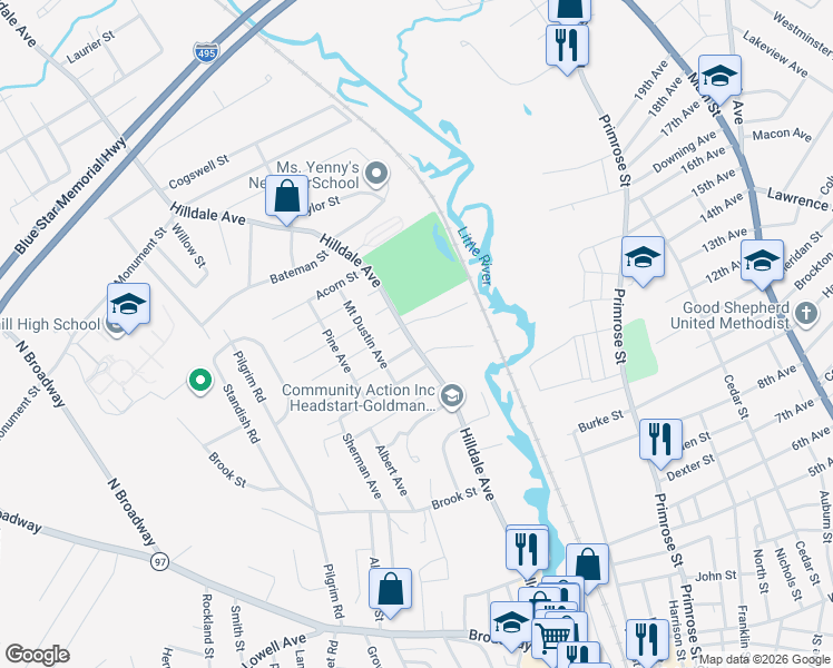 map of restaurants, bars, coffee shops, grocery stores, and more near 1 Jefferey Lane in Haverhill