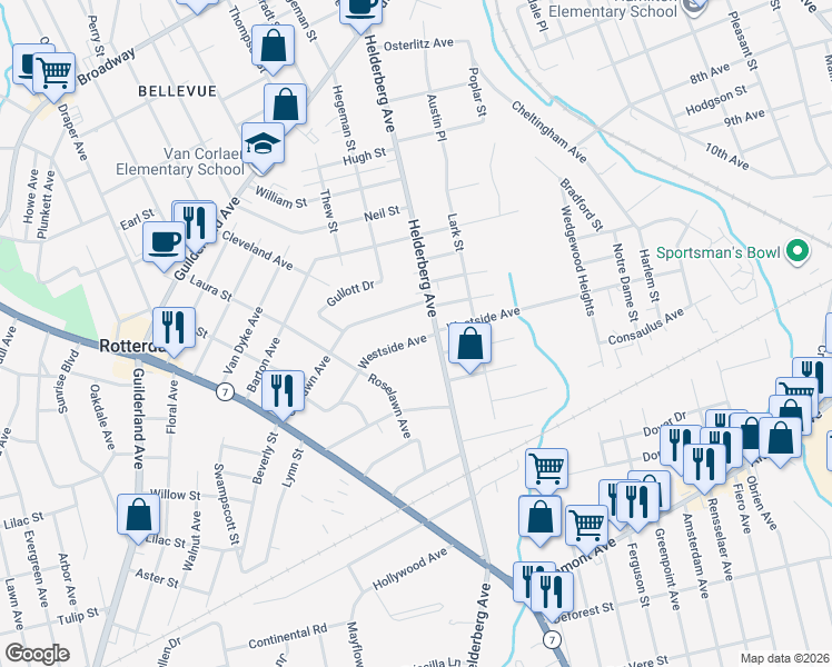 map of restaurants, bars, coffee shops, grocery stores, and more near 2019 Westside Avenue in Rotterdam