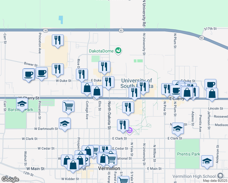map of restaurants, bars, coffee shops, grocery stores, and more near 215 Spruce Street in Vermillion