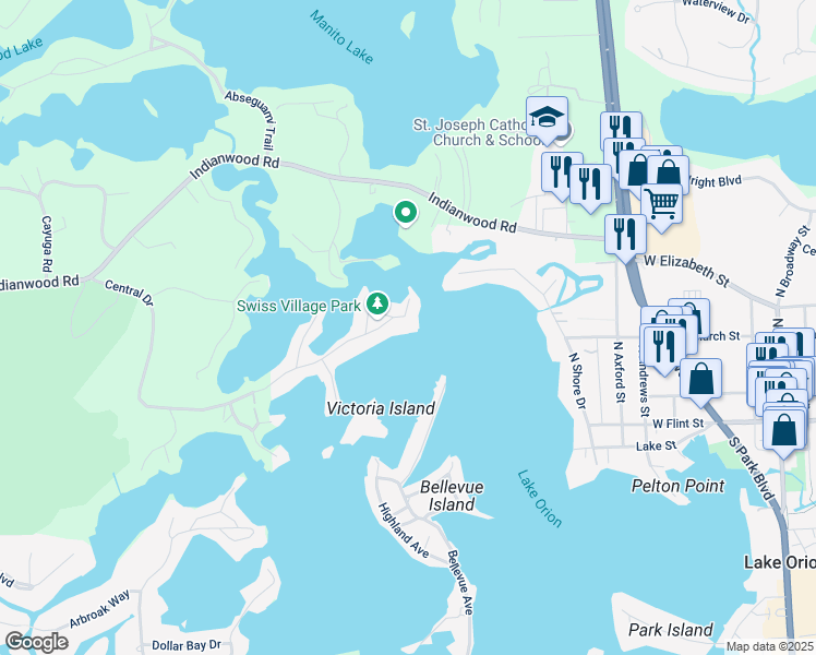 map of restaurants, bars, coffee shops, grocery stores, and more near 505 Central Drive in Orion charter Township