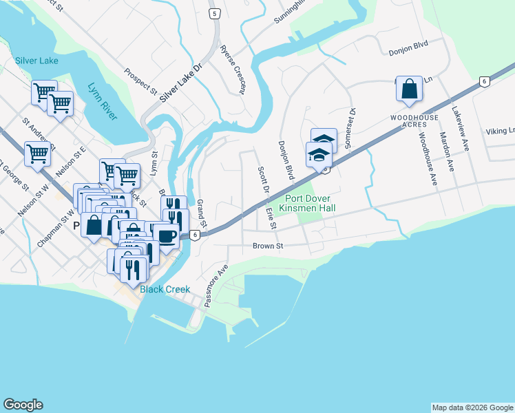 map of restaurants, bars, coffee shops, grocery stores, and more near 67 Ontario 6 in Port Dover