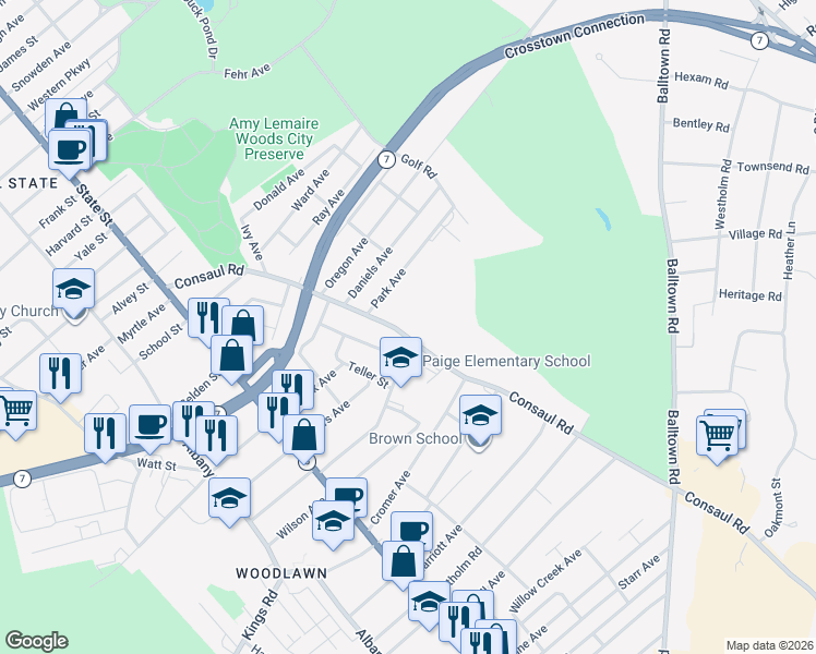 map of restaurants, bars, coffee shops, grocery stores, and more near 2577 Consaul Road in Schenectady
