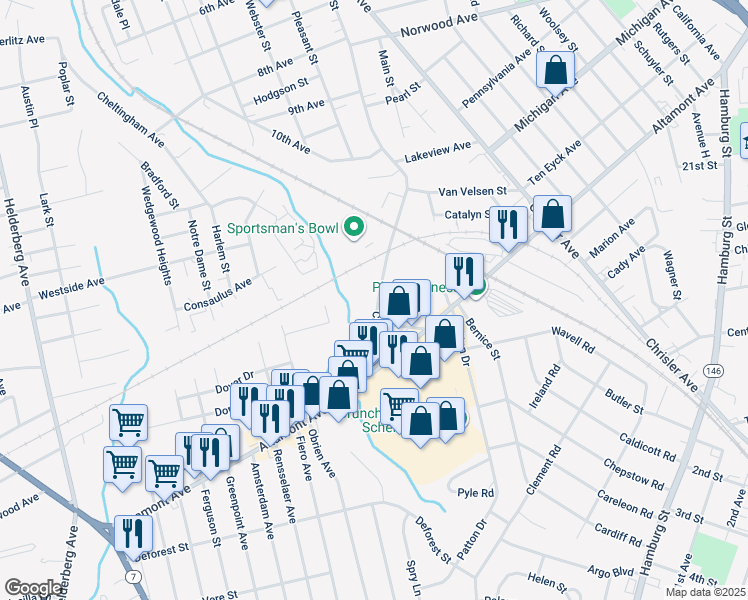 map of restaurants, bars, coffee shops, grocery stores, and more near 1714 Crane Street in Schenectady
