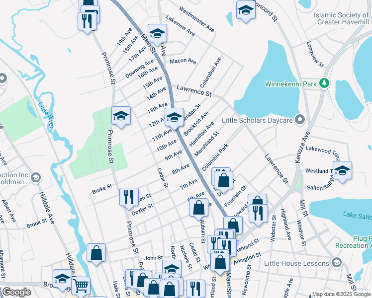 map of restaurants, bars, coffee shops, grocery stores, and more near 471 Main Street in Haverhill