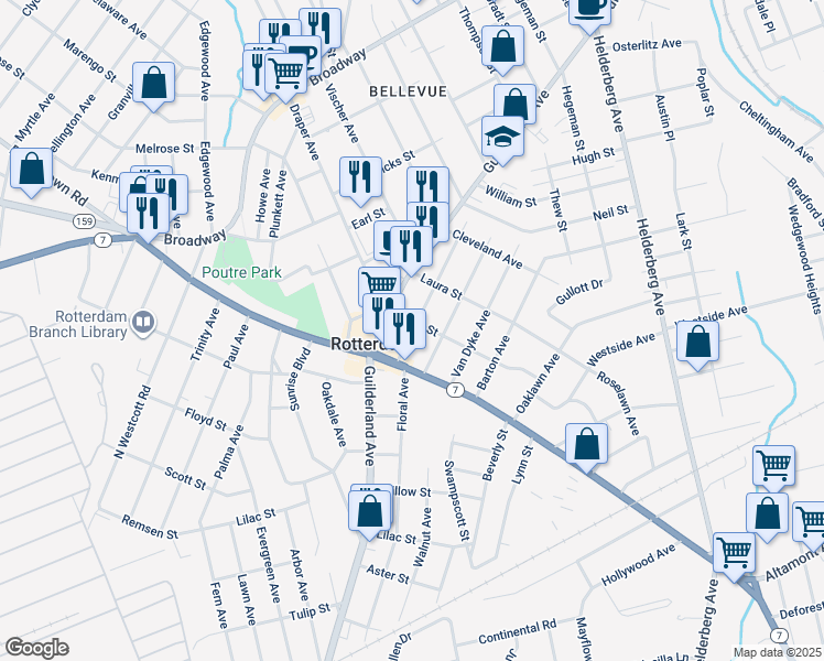 map of restaurants, bars, coffee shops, grocery stores, and more near 1020 Irene Street in Rotterdam