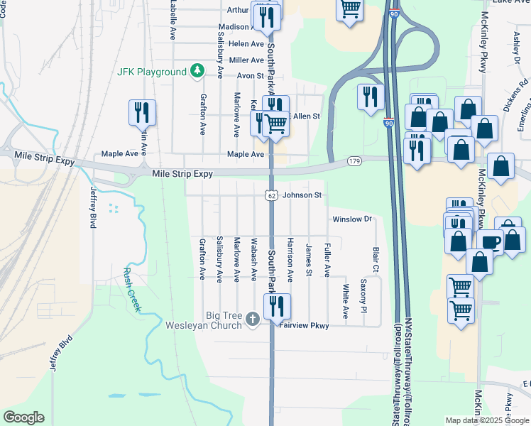 map of restaurants, bars, coffee shops, grocery stores, and more near 4032 South Park Avenue in Buffalo