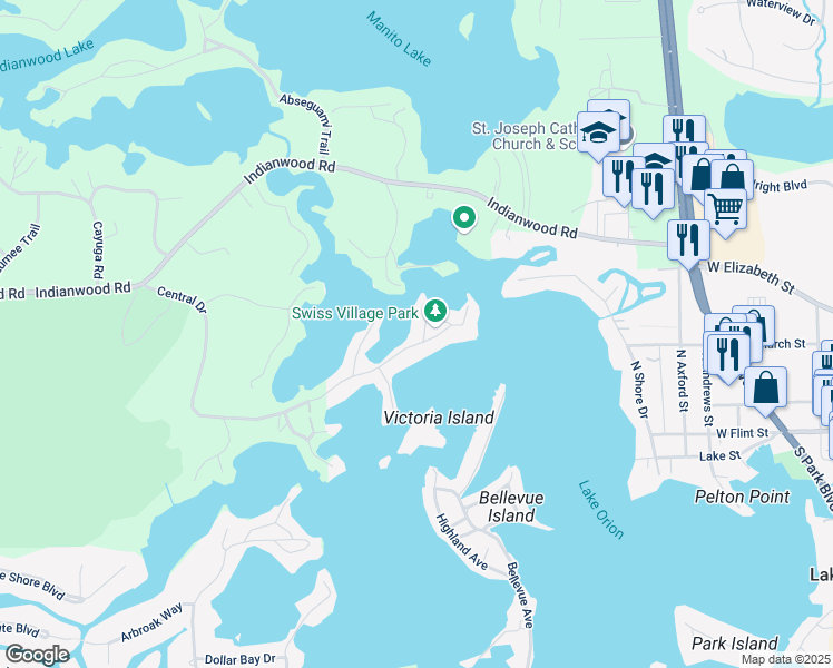 map of restaurants, bars, coffee shops, grocery stores, and more near 317 Park Avenue in Orion charter Township