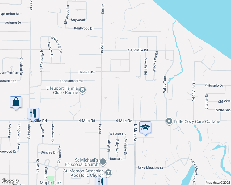 map of restaurants, bars, coffee shops, grocery stores, and more near 5200 Ruby Avenue in Racine