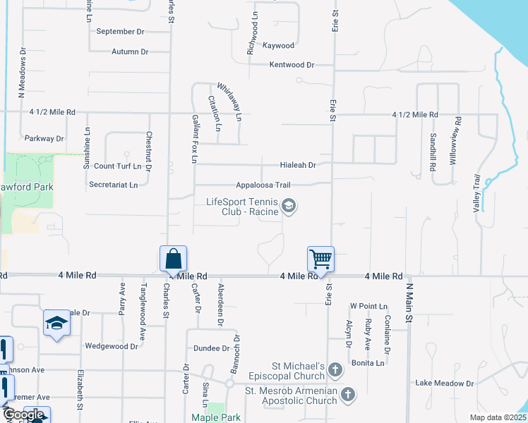 map of restaurants, bars, coffee shops, grocery stores, and more near 5102 Briarwood Ln in Racine