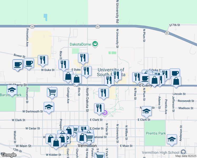 map of restaurants, bars, coffee shops, grocery stores, and more near 303 Spruce St in Vermillion