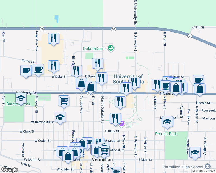 map of restaurants, bars, coffee shops, grocery stores, and more near 215 Spruce Street in Vermillion
