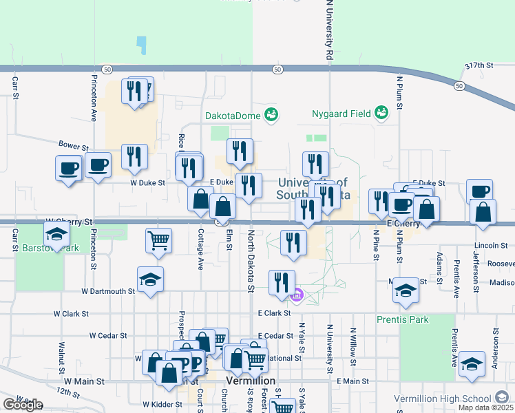 map of restaurants, bars, coffee shops, grocery stores, and more near 215 Spruce Street in Vermillion