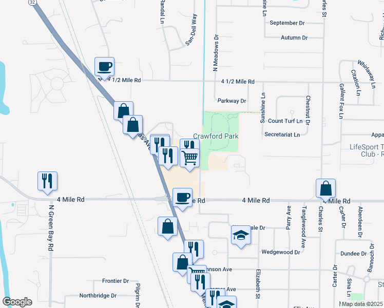 map of restaurants, bars, coffee shops, grocery stores, and more near 5141 Douglas Avenue in Racine