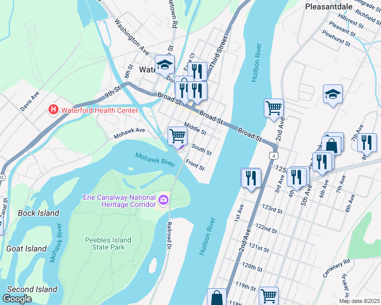 map of restaurants, bars, coffee shops, grocery stores, and more near 9 Second Street in Waterford