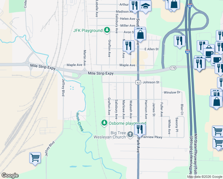 map of restaurants, bars, coffee shops, grocery stores, and more near 3583 Grafton Ave in Buffalo