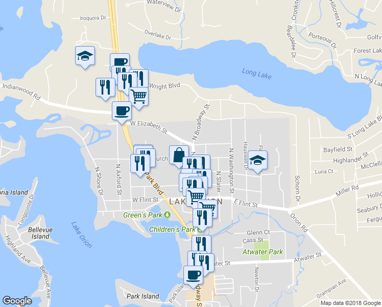 map of restaurants, bars, coffee shops, grocery stores, and more near 325 North Broadway Street in Orion charter Township