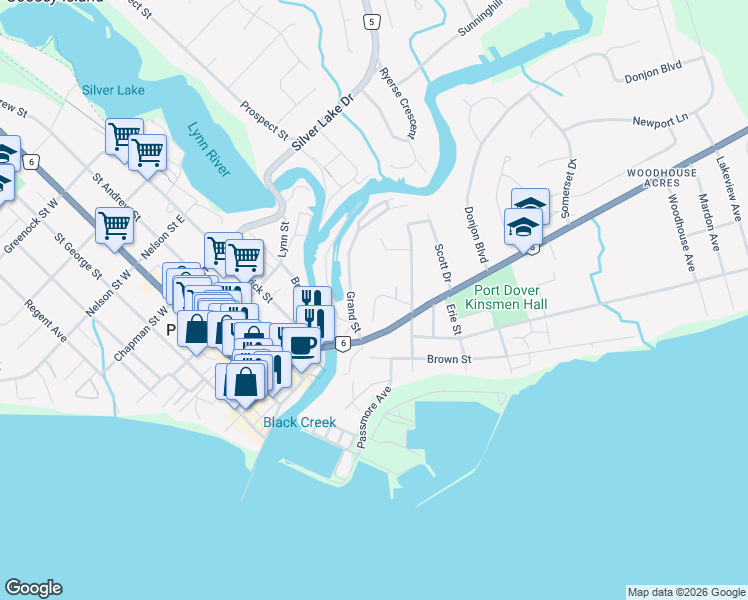 map of restaurants, bars, coffee shops, grocery stores, and more near 4-15 Old Hamilton Road in Port Dover