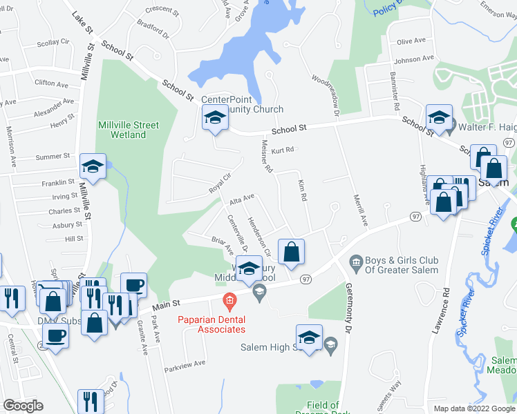 map of restaurants, bars, coffee shops, grocery stores, and more near 22 Alta Avenue in Salem