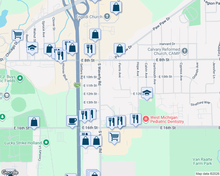 map of restaurants, bars, coffee shops, grocery stores, and more near 722 North Meadow Drive in Holland