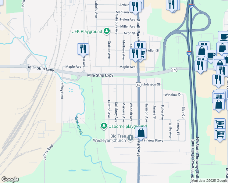 map of restaurants, bars, coffee shops, grocery stores, and more near 3583 Grafton Avenue in Buffalo