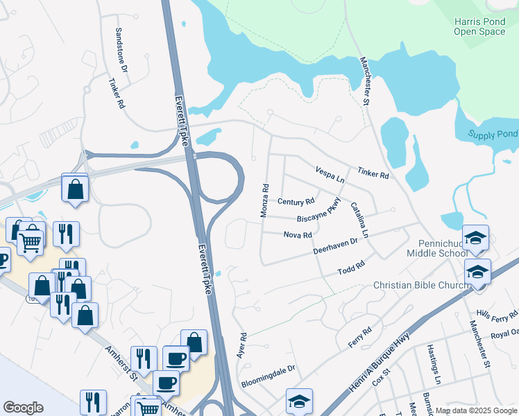 map of restaurants, bars, coffee shops, grocery stores, and more near 25 Monza Road in Nashua