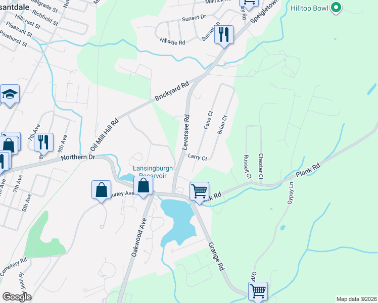 map of restaurants, bars, coffee shops, grocery stores, and more near 70 Leversee Road in Troy