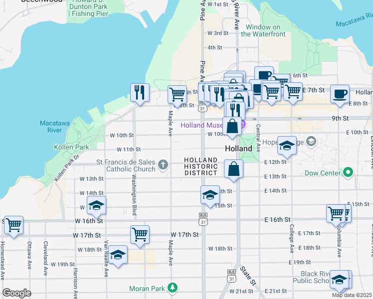 map of restaurants, bars, coffee shops, grocery stores, and more near 156 West 11th Street in Holland