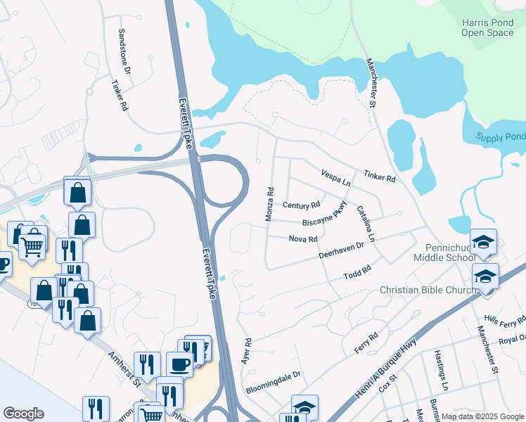 map of restaurants, bars, coffee shops, grocery stores, and more near 25 Monza Road in Nashua
