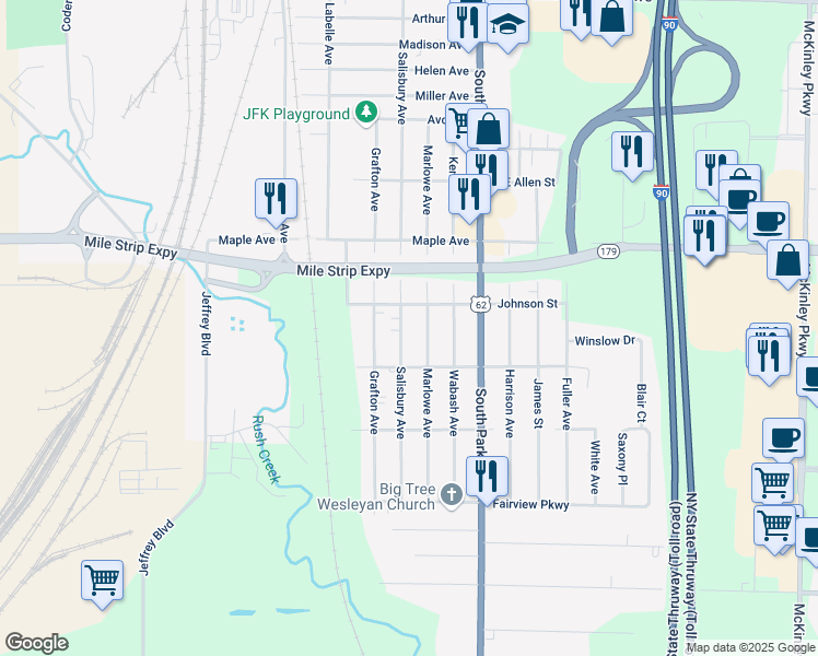map of restaurants, bars, coffee shops, grocery stores, and more near 3583 Salisbury Avenue in Buffalo